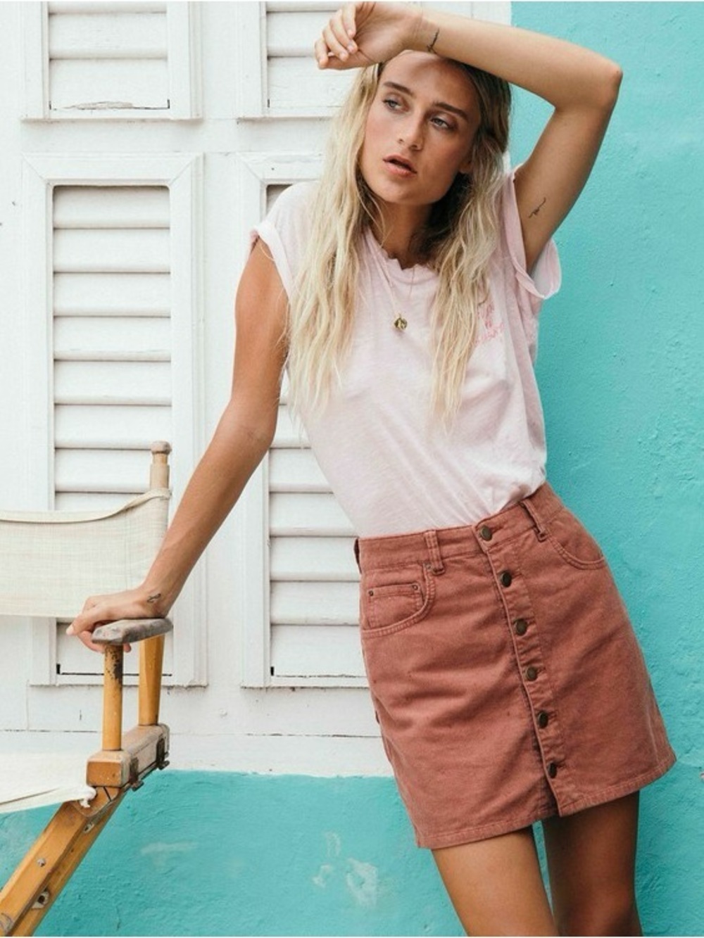 Women's Button-Front Corduroy Skirt - Dusty Rose